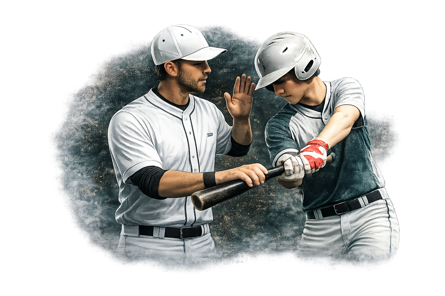 A coach teaching a player batting fundamentals